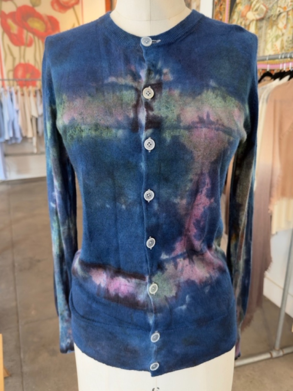 Parker Blue Cashmere Long Sleeve Button Down Cardigan in Tie Dye